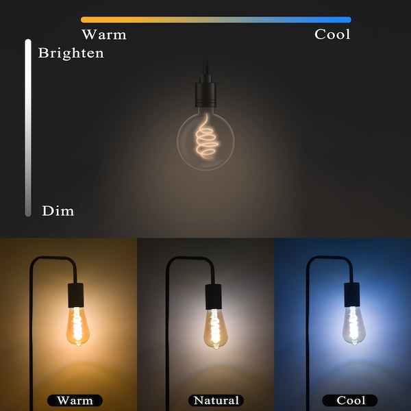 Smart LED Bulbs Edison ST64 E26 Vintage Spiral Filament Dimmable, WHT, 2100-5000K 350LM 6W, 2PK